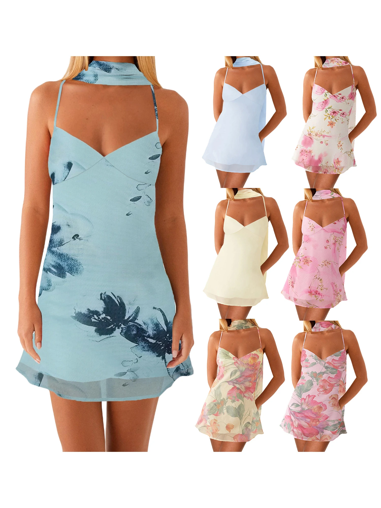 초커 스카프와 등이 없는 디자인의 여성용 민소매 꽃무늬 미니 드레스 - 솔리드 컬러의 여름 캐미 드레스