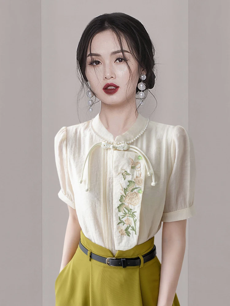 

2024 Women's Clothing embroidered straight shoulder short sleeve top Spring Summer New No.69