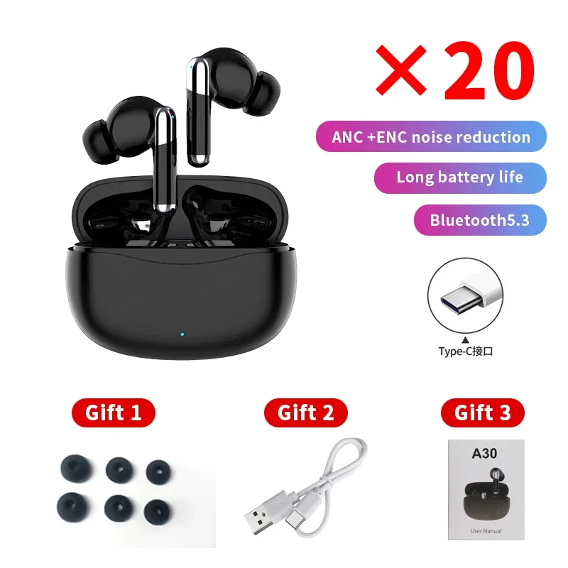 Original A30 ANC Noise Cancelling TWS Earbuds & Headphones X20 Pack Wireless Bluetooth 5.3 IPX4 Low Latency Enc Earbuds Headset