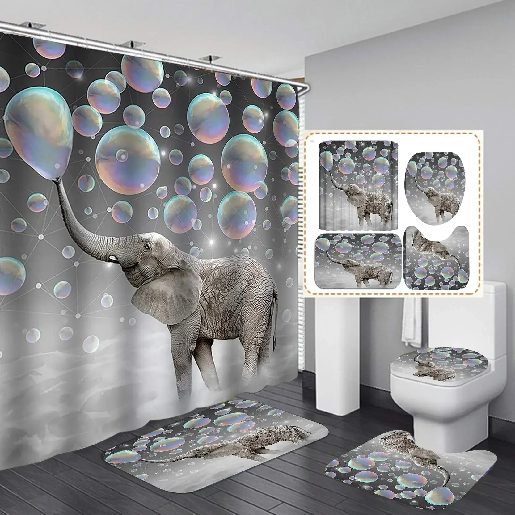 Animal Elephant Playing with Water Shower Curtain Set 3D Print Bathroom Bath Mat Floor Toilet Rug Home Decor