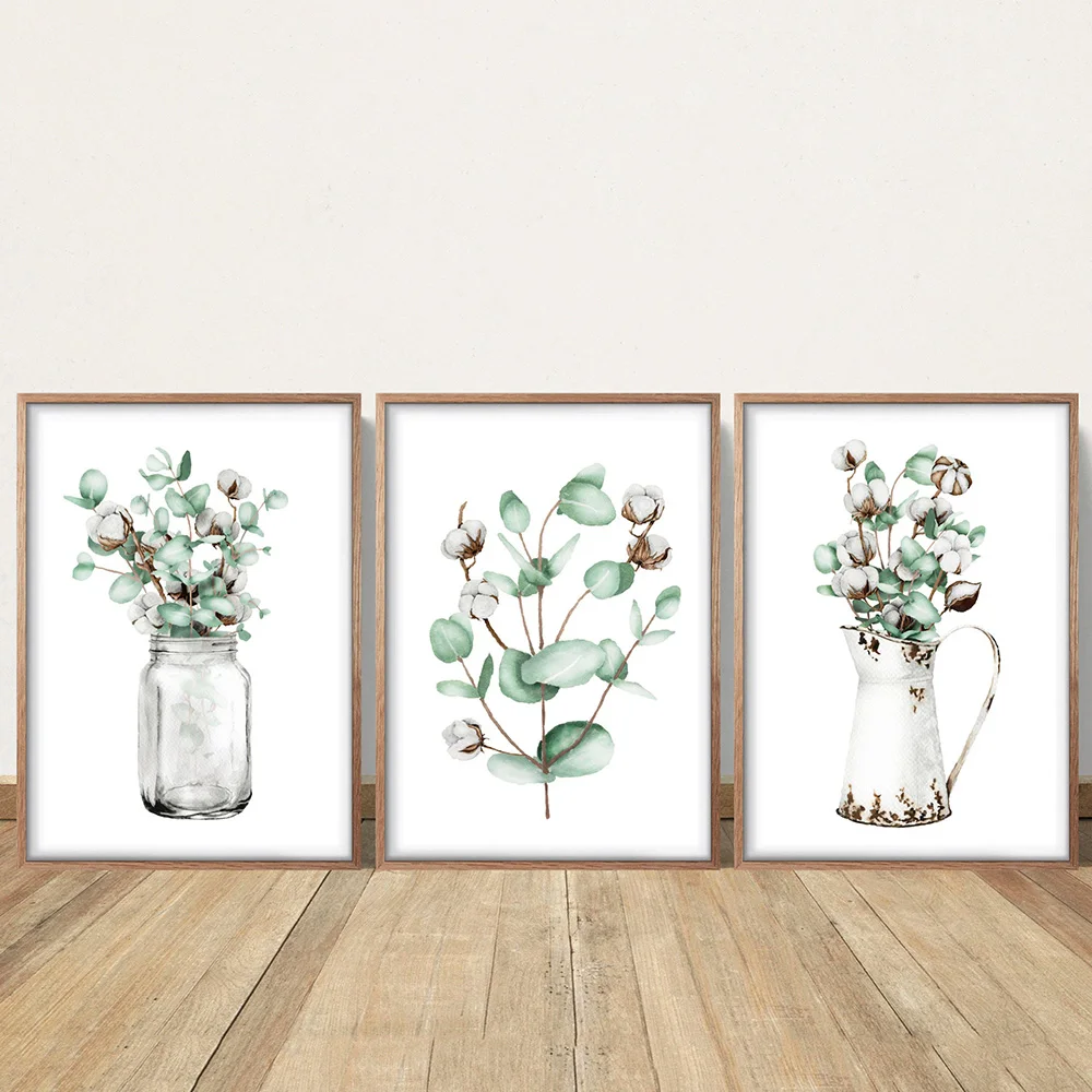 Eucalyptus Cotton Boll Branch Watercolor Print Floral Botanical Greenery Leaf Art Canvas Painting Poster Wall Art Country Decor