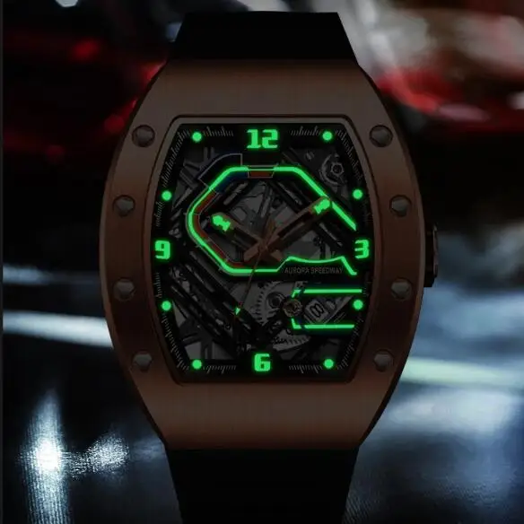 HANBORO Orologio automatico da uomo Orologio da polso meccanico di lusso Cassa tonneau luminosa Quadrante da corsa scavato luminoso impermeabile