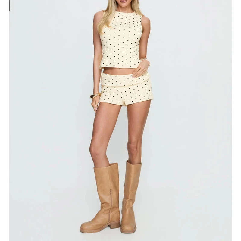 

Women's 2Piece Shorts Outfit Set Y2k Vintage Dot Print Sleeveless O-Neck Crop Tank Top + Fold Over Waist Shorts Sleep Loungewear