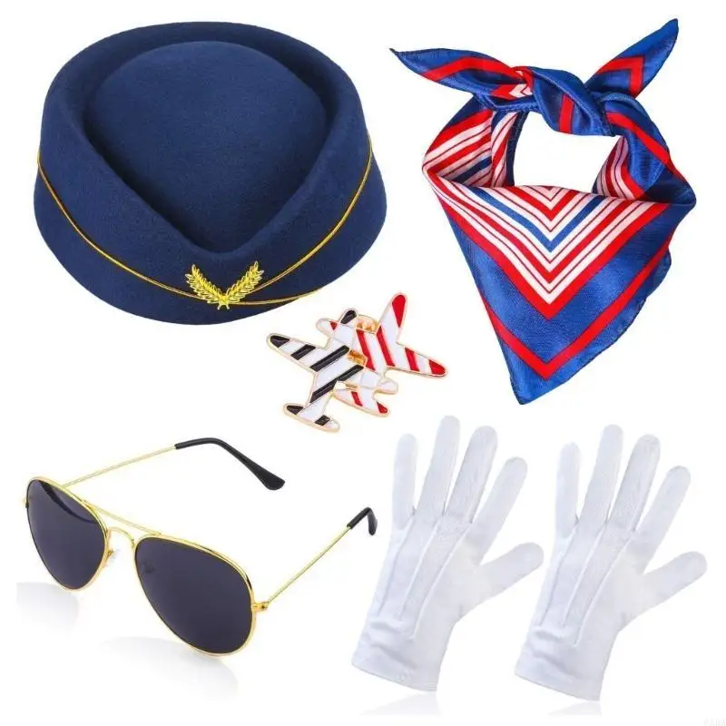 Carnivals Flight Attendant Hat with Sunglasses+Gloves/Brooch Set for Masquerades 6XDA