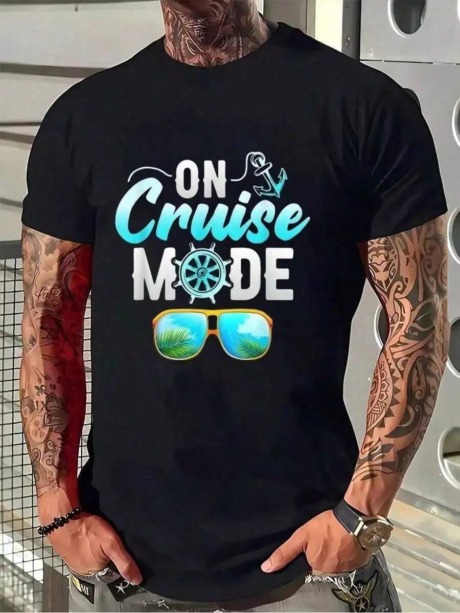 Cruise Mode Family Cruising Essentials Vacation Crew T-Shirt Women's Men's Graphic Tee Black Crew Neck T-Shirt Short Sleeve Summ