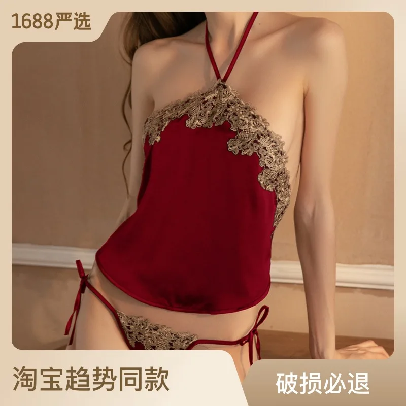 New Lingerie Sexy Silk Apron Split Cheongsam Uniform Red Sex Clothing Three-Point Suit