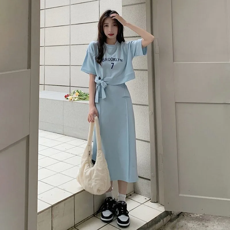 2024 Summer Women Suit College Style Short-sleeved Top T-shirts Straight A-line Half-body Skirts Female 2pcs Girls Daily Outfits