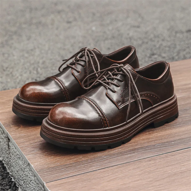 Height Increasing Vintage British Men Casual Leather Shoes Dress Tooling Boots Outdoor Business Loafers Spring Summer Shoes