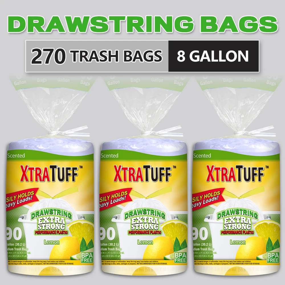 

Xtratuff Medium Drawstring Trash Bags 8 Gallon Trash Bag Lemon Mint Scent 270 Count BPA FREE Garbage Bags White Strong Rubbish