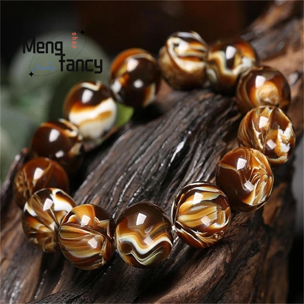 Vintage Natural Amber Beaded Multi Size Round Bead Handmade Stretch Brown Swirl Bracelet Unisex Fashion Accessory Holiday Gifts