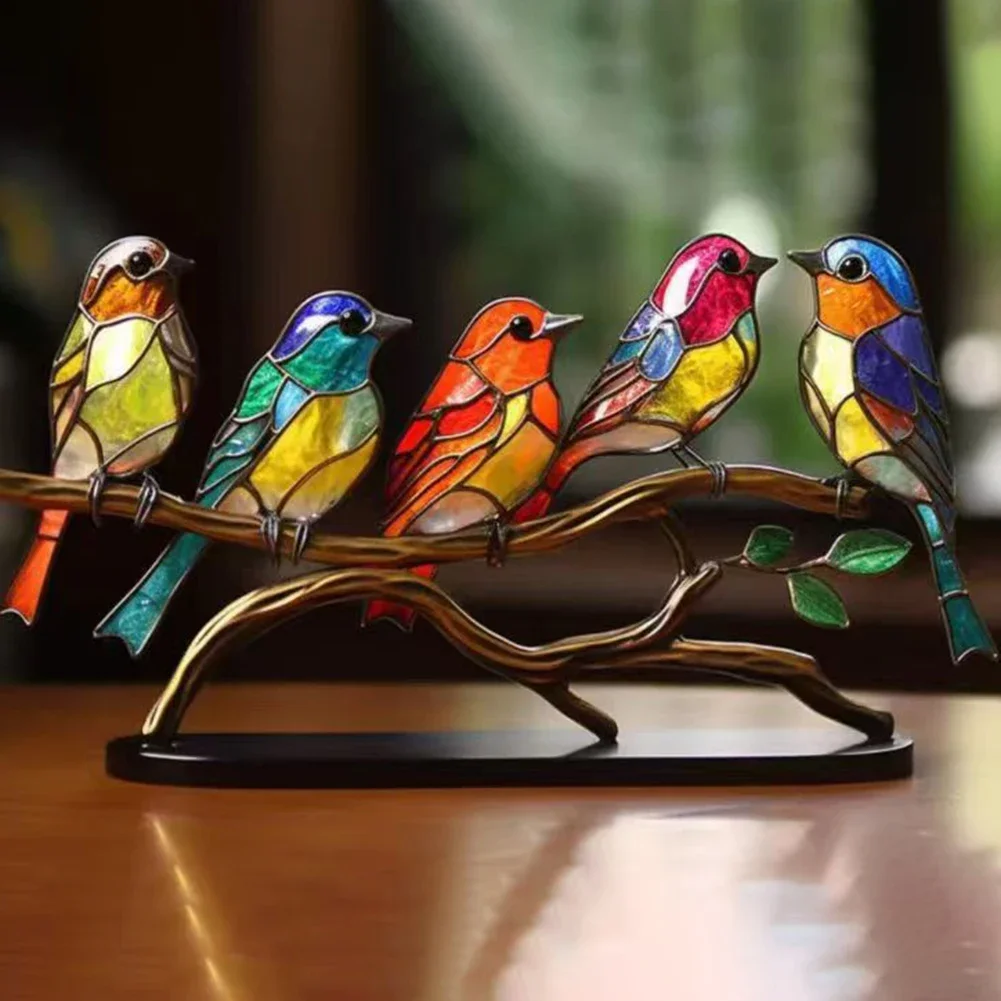 Stained Glass Birds on Branch Desktop Ornaments Double Sided Multicolor Birds Alloy Ornaments Bird Series Acrylic Decor Planar
