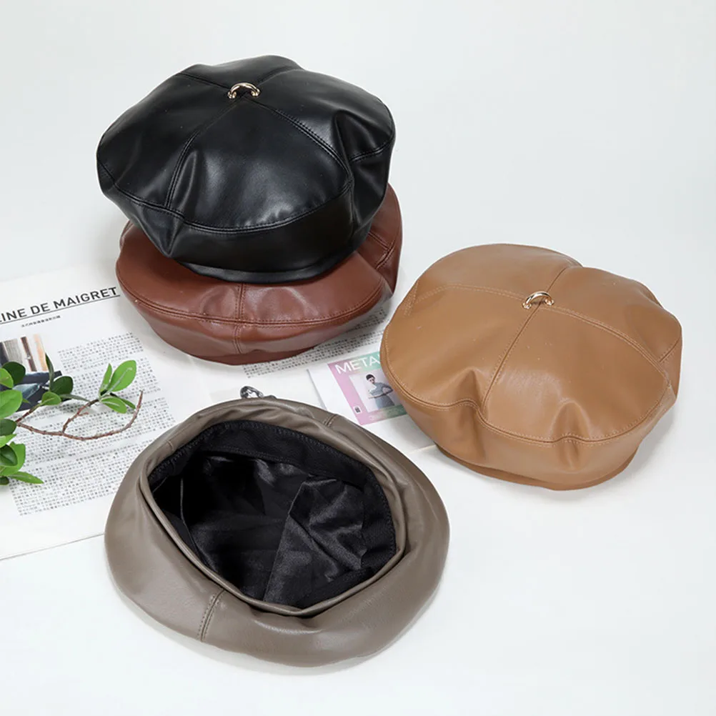 

Pu Beret Warm Fashion Hat Retro Headdress For Women Ladies Daily Outdoor Use Black Lightweight Comfortable