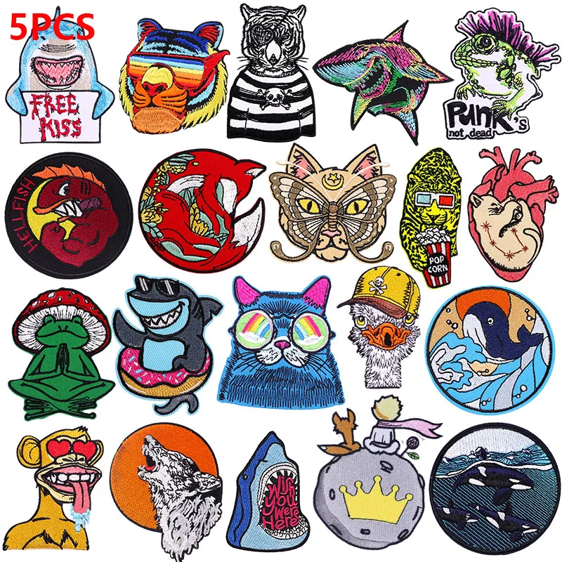 

5 шт./лот, вышитые нашивки с животными для одежды, нашивки с изображением акулы, тигра, волка, лягушки на одежде, значок, железные нашивки для одежды «сделай сам»