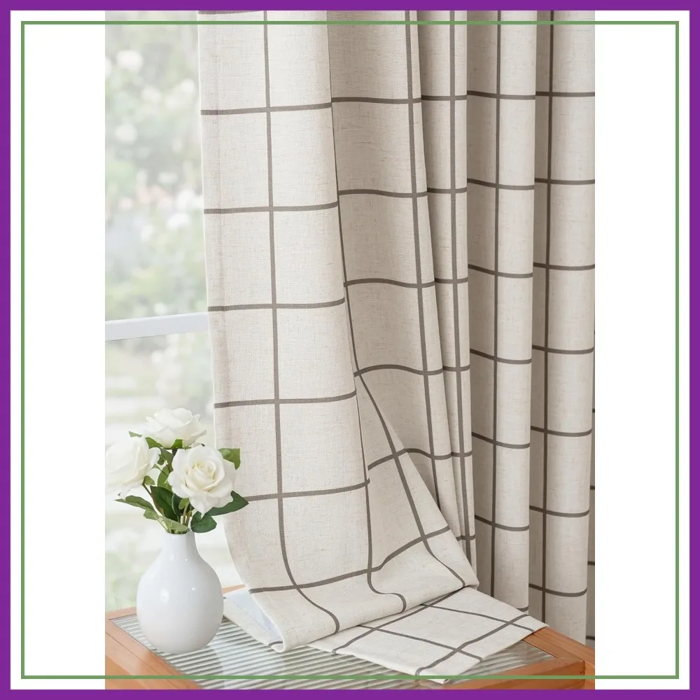 

Pinch Pleated Plaid Curtains Blackout Linen Gingham Brown Checkered 84 Inches Long Double Layer 2 Panels Set Luxury Modern Printed Design Darkening