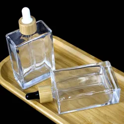 1x 3x 30ml 50ml 100ML Flat Square Glass Dropper Bottle Transparent glass bottle bamboo cap, golden cap, rose gold cap, black cap