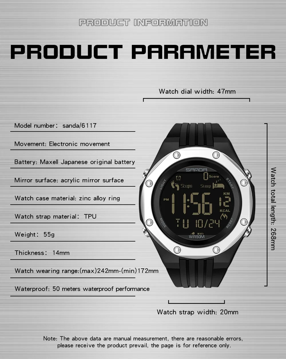 Sanda 6117 Nieuwe 2023 Step Calorimeter Single Display Elektronisch Horloge Eenvoudig Nachtlampje Waterdicht Sport Elektronisch Horloge