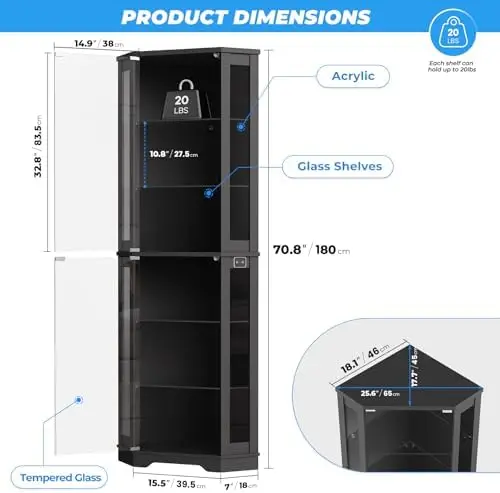 71" Corner Display Cabinet with Glass Doors, 6 Tier Curio Cabinet with 3 LED Lights & Glass Shelves, Human Body Sensor view 2