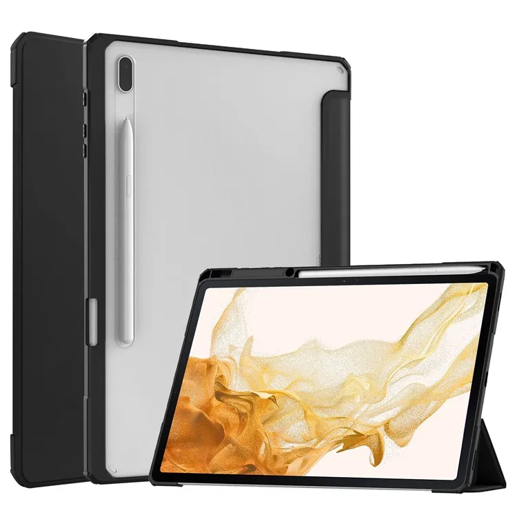

For Samsung Galaxy Tab S8+ Tri-fold Stand PU Leather Tablet Case TPU + Transparent Acrylic Back Cover with Pen Slot - Black