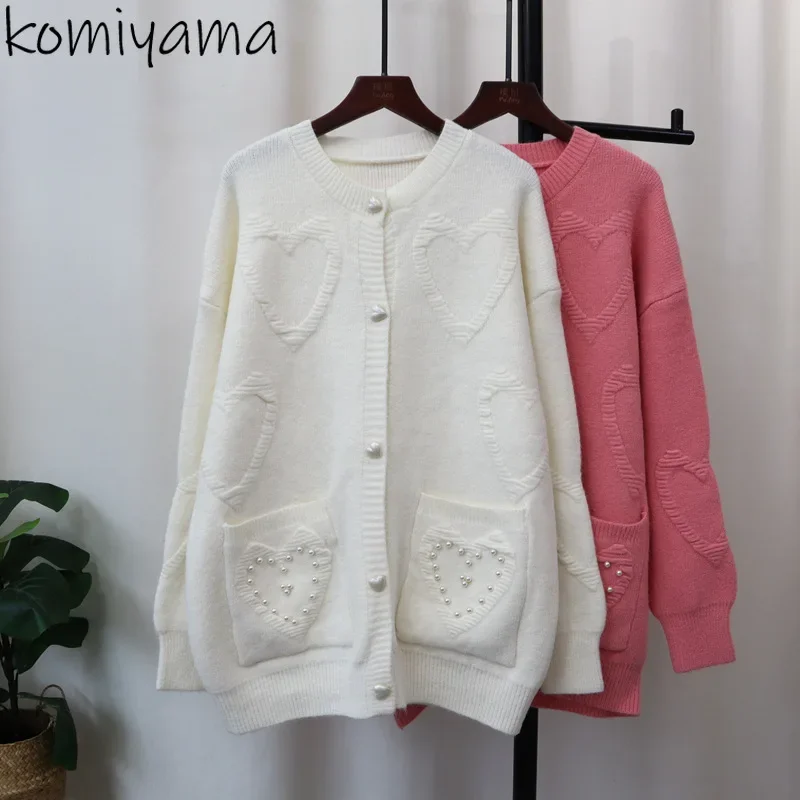 Sweet Love Heart Beads 2024 Woman Cardigan Exquisite Button Ropa Mujer O-neck Long Sleeve Outerwears Loose Sweater Cardigans