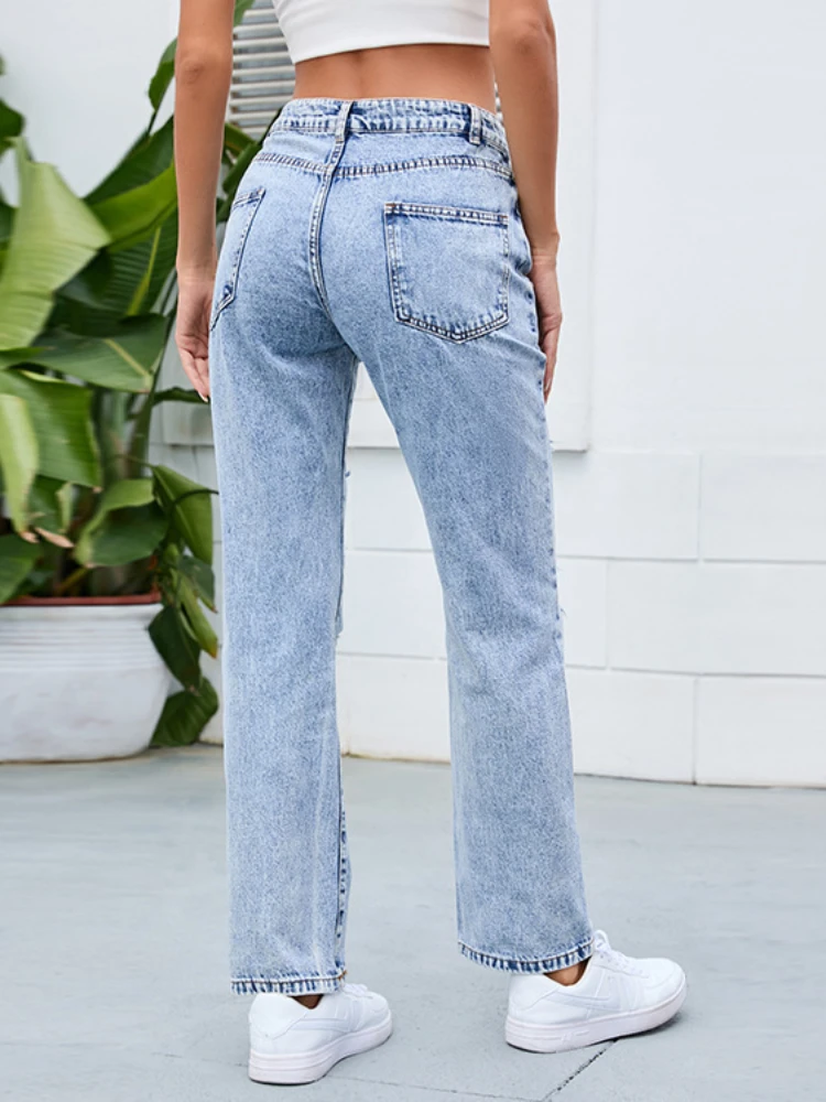 Distressed Women Jeans Straight Pants Denim Pockets Mid Waist Ankle Length Loose Solid Spliced Washing Zipper Holes Casual 2024