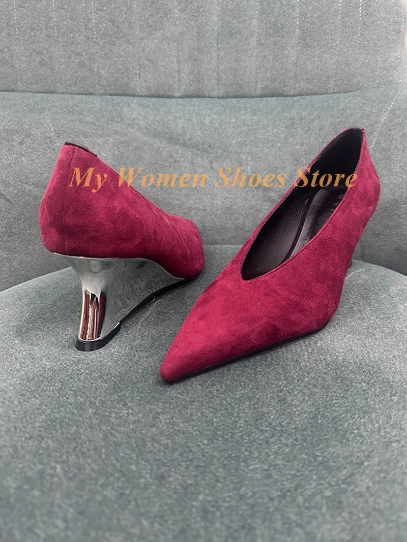 

2026 Burgundy Suede Wedges Pumps Real Picture Handmade Runway Women Dress Shoes Slip On Leopard Silver Metal Heel Solid Shoes