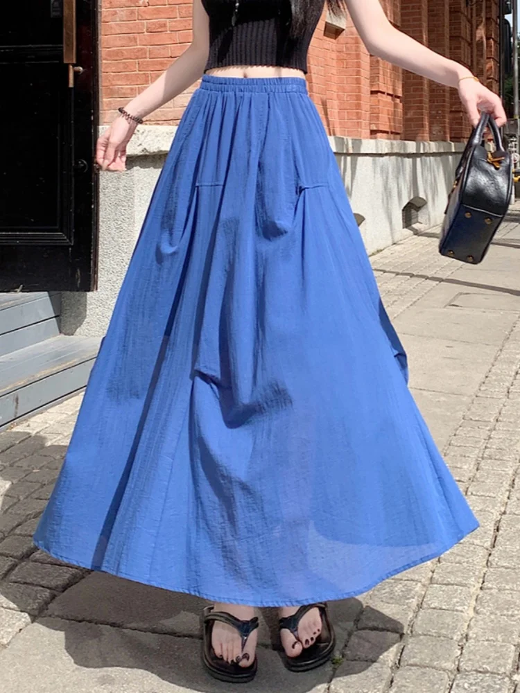 

SMTHMA 2025 New Summer Design Solid Pleated Cotton Linen Long Skirt Women's Elastic Waist Mid-Length A-line Umbrella Skirt
