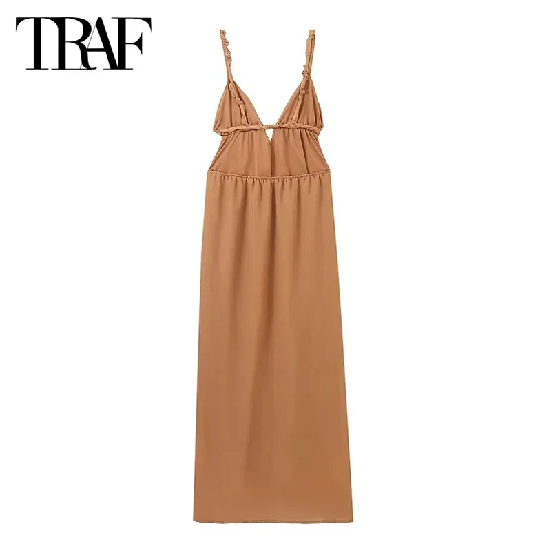 TRAF Women\'s dress Long Dresses 2024 Summer Sexy Elegant Party Beach Midi Slip Dress Ladies Fashion Casual Backless Khaki Dress