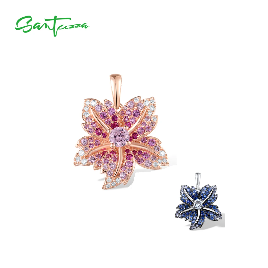 

SANTUZZA Authentic 925 Sterling Silver Pendant For Women Sparkling Blue Pink Color Lily Flower Delicate Wedding Fine Jewelry