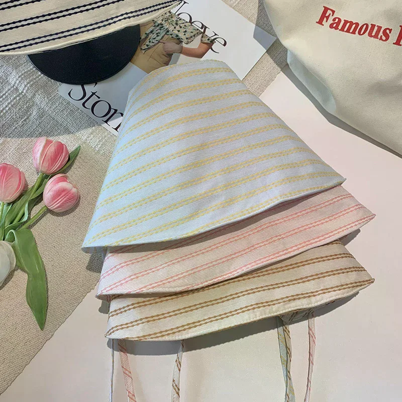 Large Brim Foldable Bucket Hats With String For Women Korean Striped Female Panama Bob Outdoor Beach Fishermen Hat
