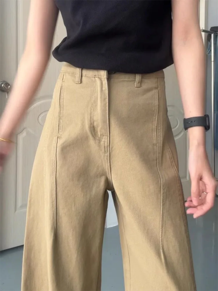 

plus Size Khaki American Retro Denim Pants Women's Autumn Winter Loose Wide Leg Straight Blade Trousers High Waist Casual Wear