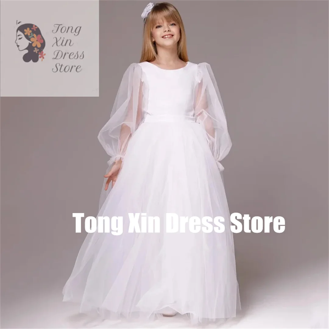 Vestidos florais personalizados para meninas, tule com laço, manga longa, para casamento, festa de aniversário, baile, banquete, vestidos de comunhão sagrada