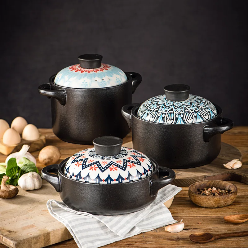 Ceramic Double Ear Casserole Net Red Lid Open Fire Induction Cooker Compatible Clay Soup Stew Braised Dish Home Use No Cracking