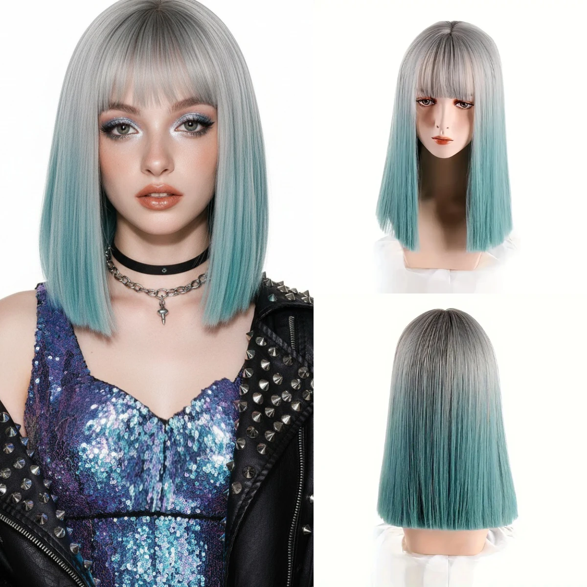 Silvery Green Lolita Style Short Straight Synthetic Wig With Bang Women's Heat Resistant Fiber for Cosplay Halloween Christmas