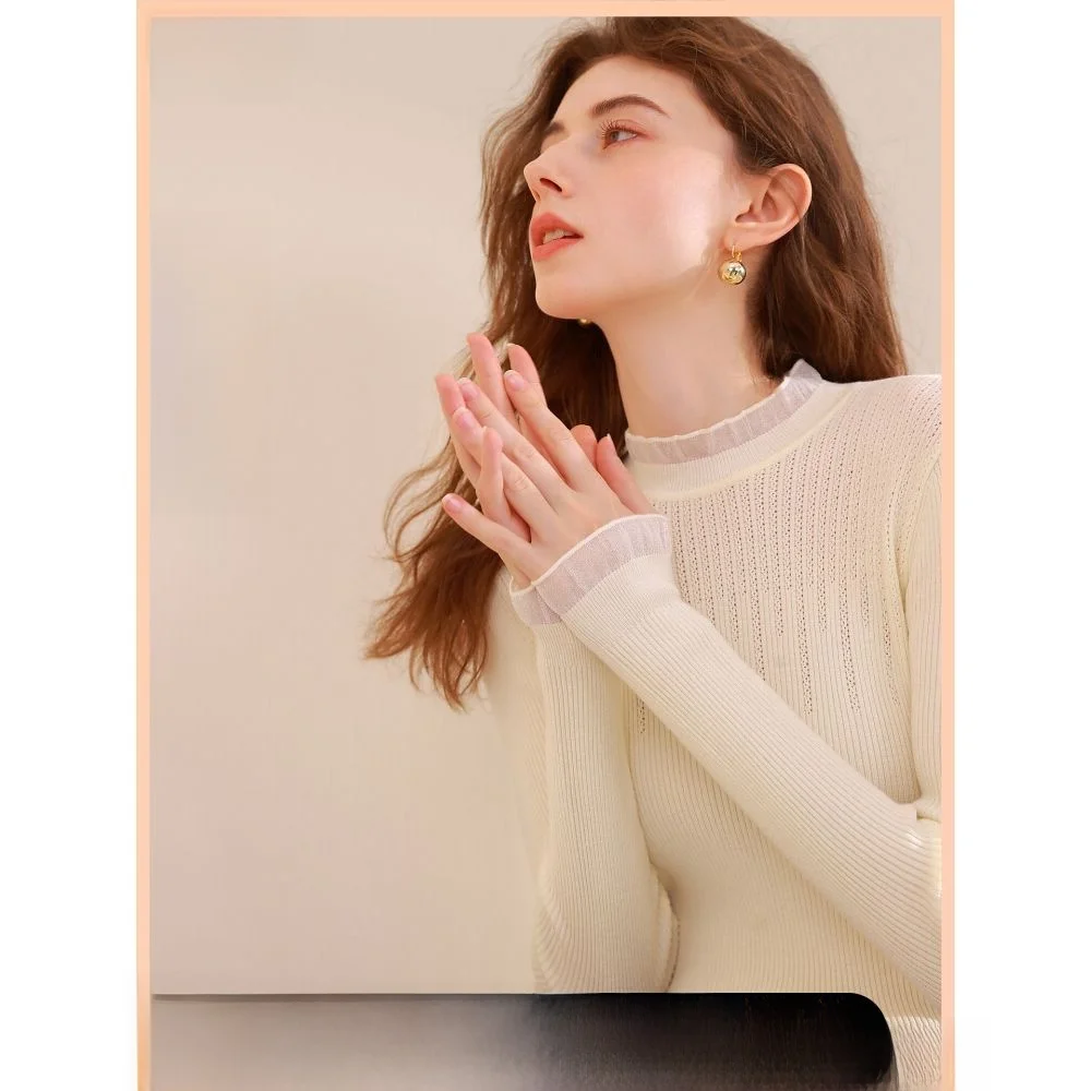 

Korean Sle Pure Color Knitted Sweater f High Collar Splicing Inner Wear Base irt Women's M Winter New Arrival