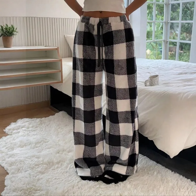 Women's Plush Plaid Trousers Loose Elastic Bow Tie Plush Sleep Bottoms Comfortable and Warm Home Pajama Pants Sleep Bottoms