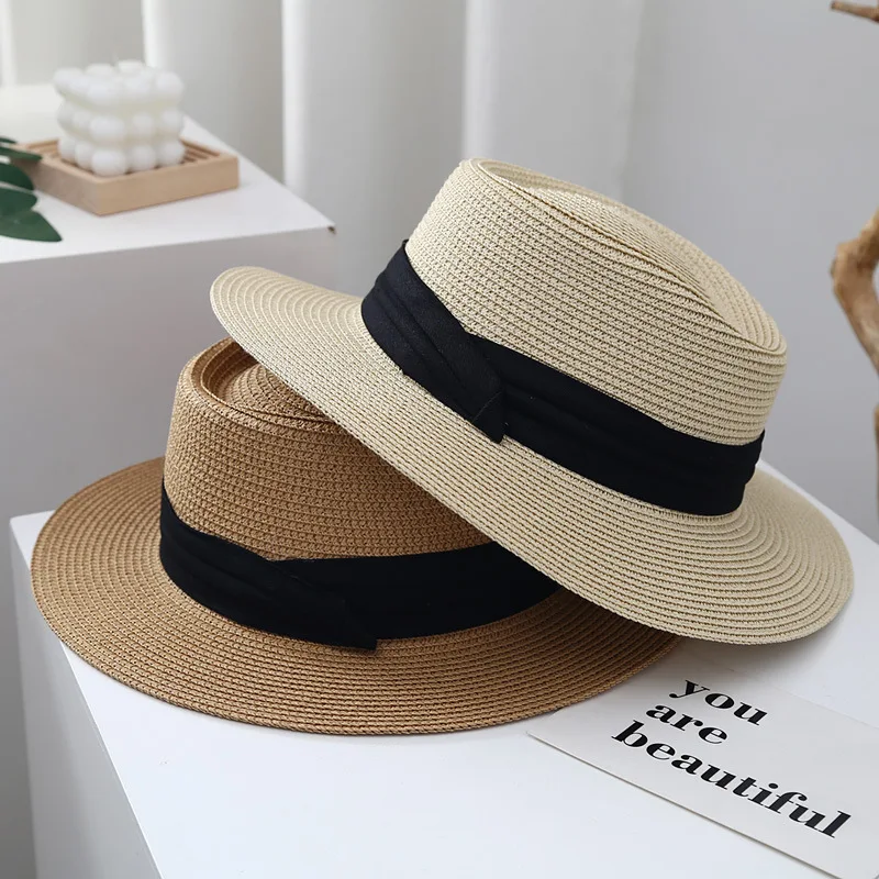 Spring and Summer Beach Flat Top Hat Women\'s Straw Knitted French Top Hat Wide brimmed Jazz British Sun Hat