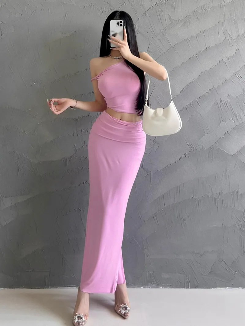 Design Oblique Collar Off Shoulder Strap Tank Top Flip Up High Waist Split Half Skirt Two Piece Set Fashion Korean Women 7VJF