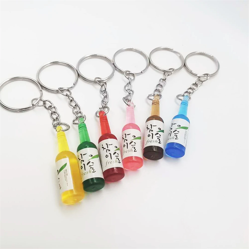 INS Soju Korean Beer Bottle Keychains Colorful Wine Bottle Pendants Keyring for Men Women Earphones Case Car Key Accessories
