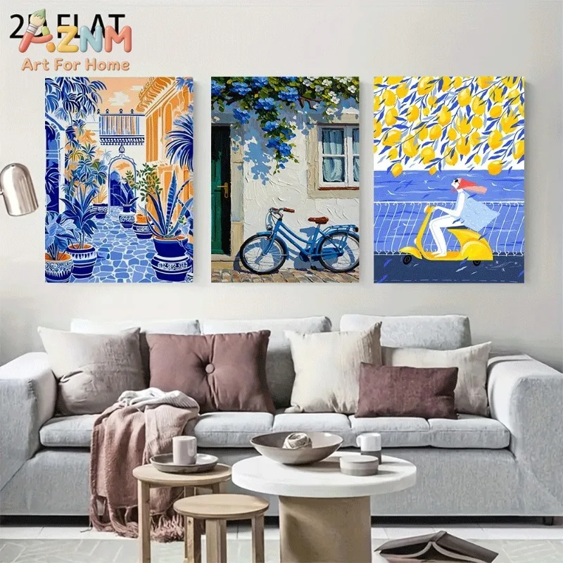 Mediterranean Travel Canvas Wall Art 3pcs Blue Courtyard Bicycle Lemon Scooter Girl Coastal Town Scenery Unframed Canvas Print F