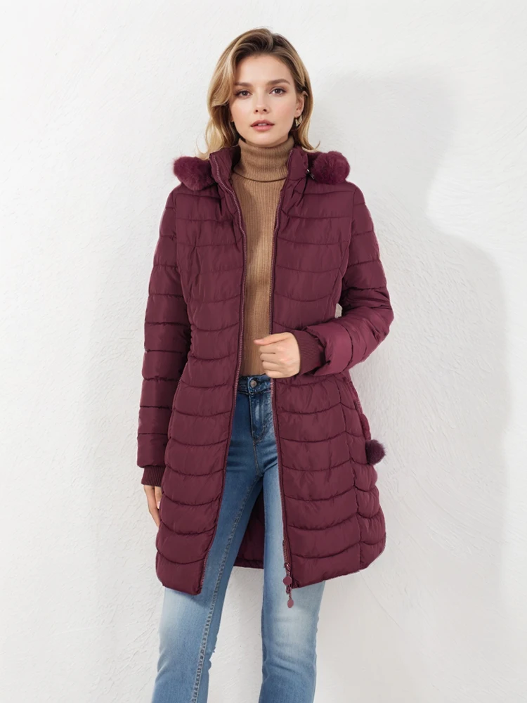 Santelon Women's winter fashion long style solid color cotton jacket with artificial fur collar, detachable hat zipper outdoor