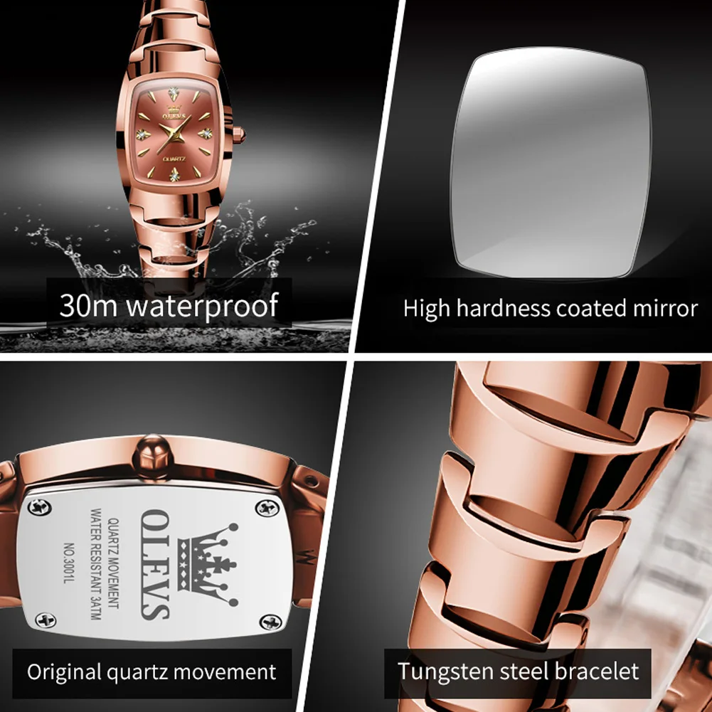 OLEVS 7006 Luxury Watches Women Elegant Rose Gold Square Tungsten Steel Strap Ladies Wristwatch Original Quartz Watch for Women