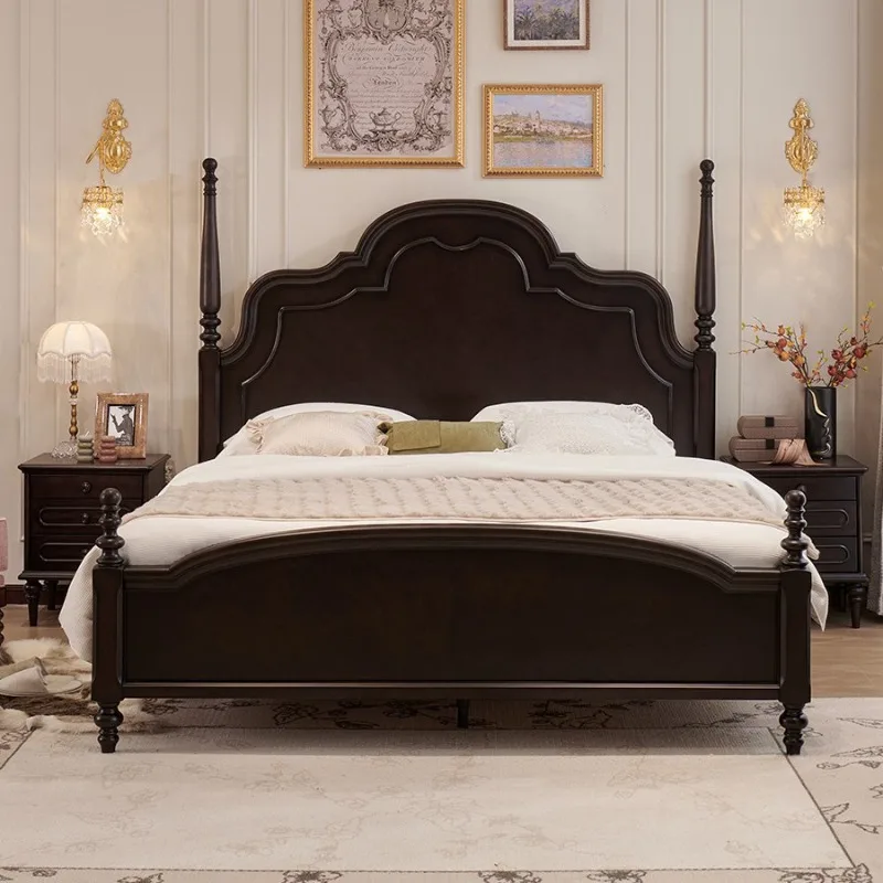 Medieval solid wood double bed American minimalist Roman pillar bed black premium French