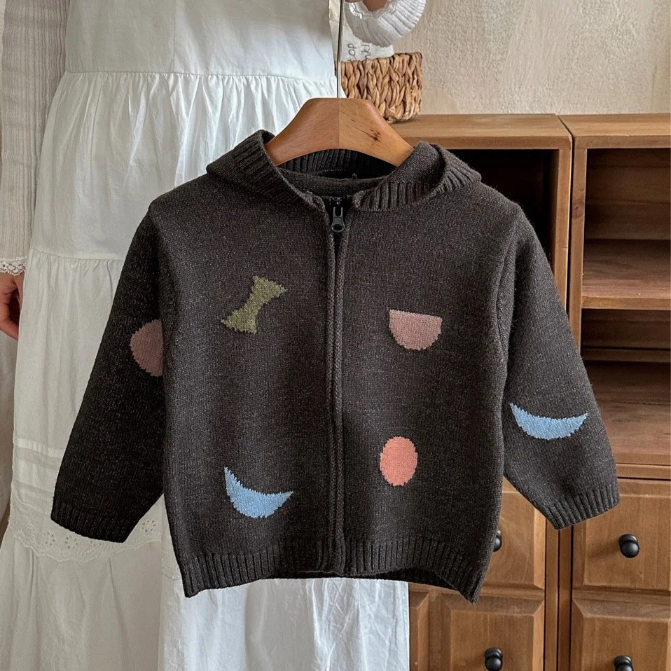 

​​2025 Fall Winter Kids Hoodie Cardigan Geometric Pattern Korean Style Zip Up Jacket Unisex Boys Girls Pullover Sweater