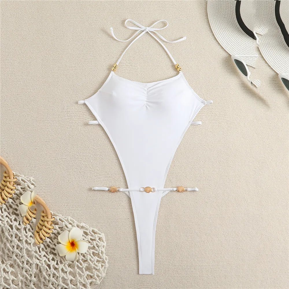 Bañador Sexy blanco con espalda descubierta para mujer, traje de baño de una pieza, Monokini calado, traje de baño con cuello Halter, ropa de baño 2024-image