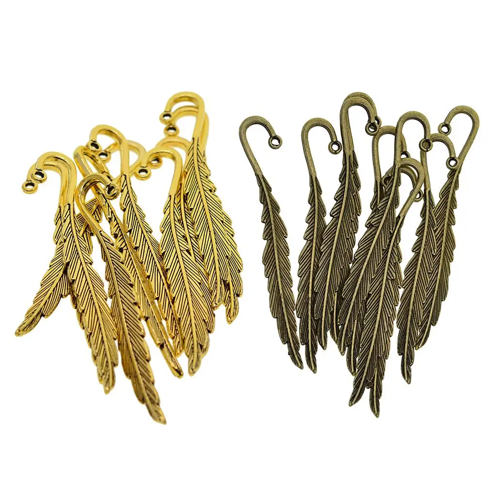 ALLOY BOOK LOVER GIFT FEATHER SHAPED CHARM DIY BEADING BOOKMARK, Bronze/Gold