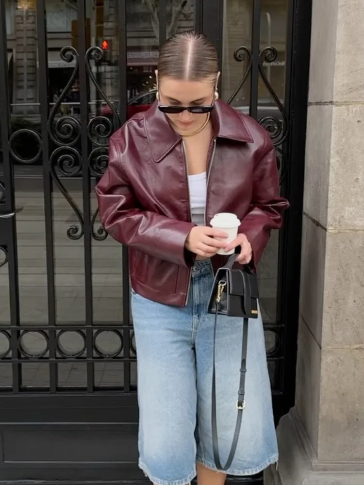 

Solid Lapel Leather Short Coat Women Retro Zipper Simple Long Sleeve Jackets Female New Autumn Fashion Casual Street Jacket 2025