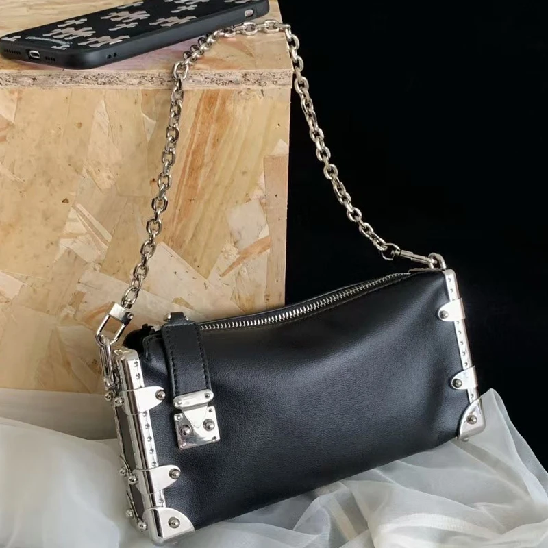 

Genuine Leather Small Box Bags For Women Luxury Designer Handbags Purses 2025 New In Cowhide Lock Rivet Chain Underarm Shoulder