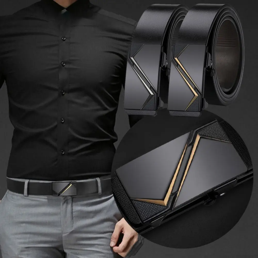 

Vintage Geometric Genuine Leather Belt Luxury Design Man Automatic Buckle Waist Belt Trendy Brand Waist Strap