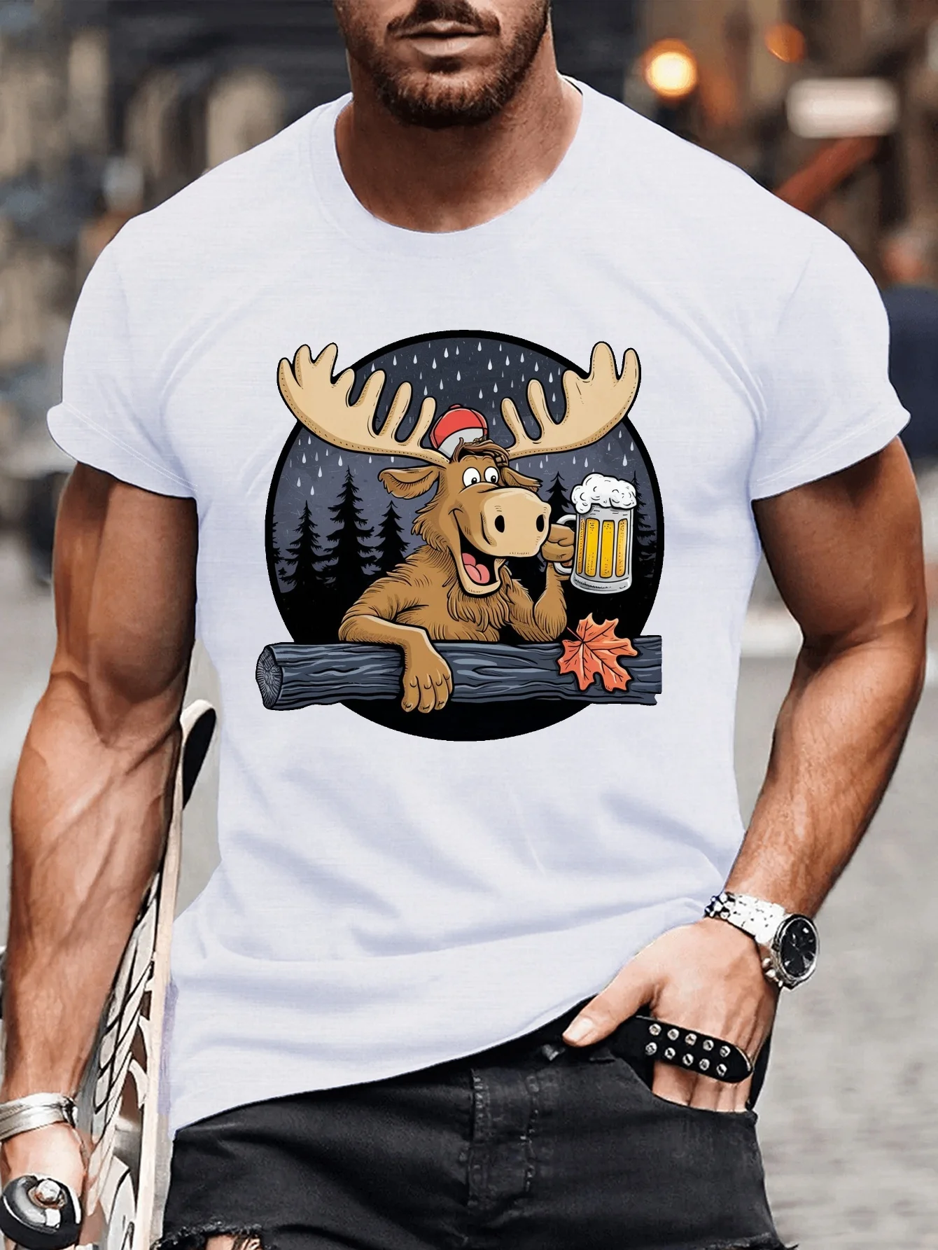 Cheerful Moose Drinking Beer Graphic Print T-Shirt 100% Cotton O-Neck Short Sleeve Summer Casual Mens T-shirt Streetwear