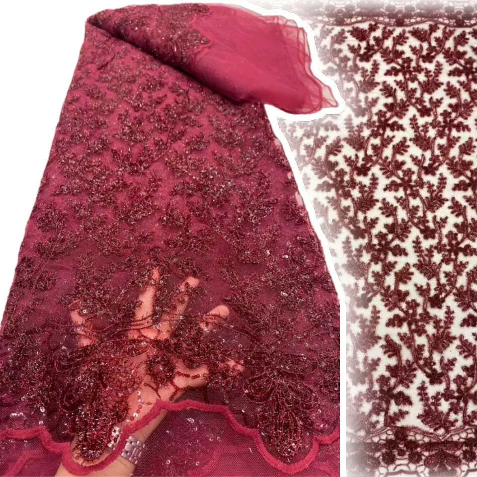 

Высококачественная французская красная африканская кружевная ткань с бисером, нигерийская кружевная ткань с пайетками для женских свадебных и праздничных платьев, шитье, 2554